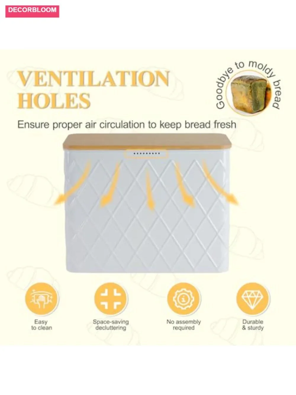 Extra Large Pantry Bread Box with Bamboo Lid, Vented Carbon Steel